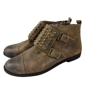 Lucky Brand Dosey Studded Ankle Boots Womens 8.5M Distressed‎ Brown Buckle Brown